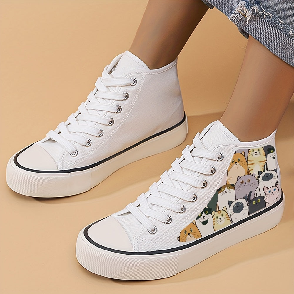 Girl's High Top Cartoon Cats Pattern Skate Shoes