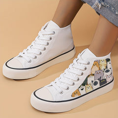 Girl's High Top Cartoon Cats Pattern Skate Shoes