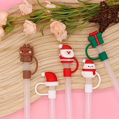 5pcs Christmas Cartoon Straw Covers, Reusable Dustproof Stoppers