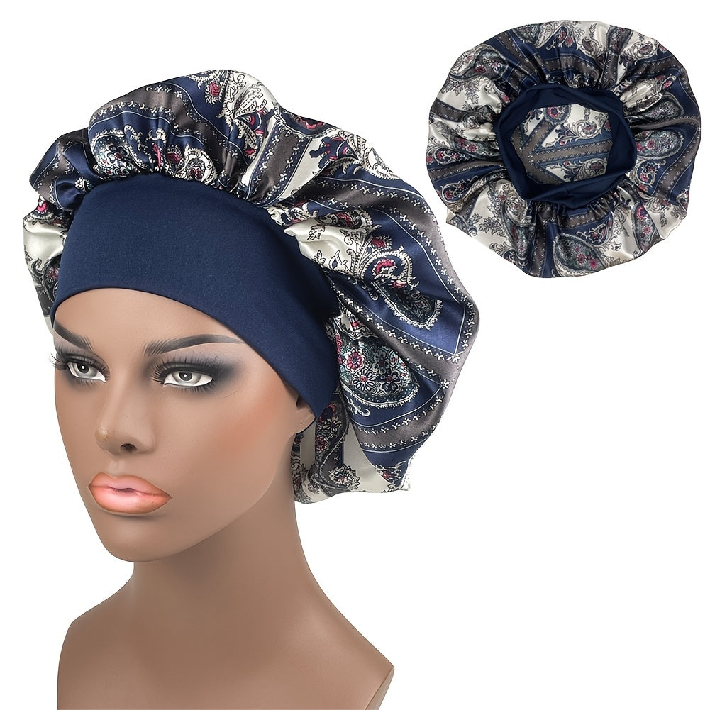 Printed Wide Ribbon Hair Cap Satin Bonnet for Women