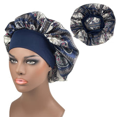 Printed Wide Ribbon Hair Cap Satin Bonnet for Women