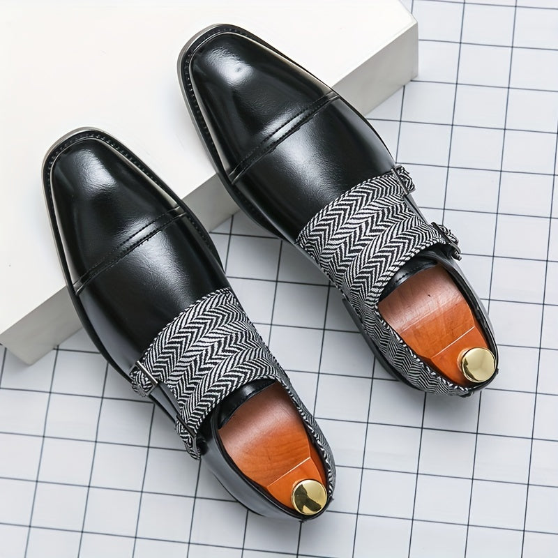 Men's Double Monk Strap Slip On Loafers Herringbone Pattern Loafers
