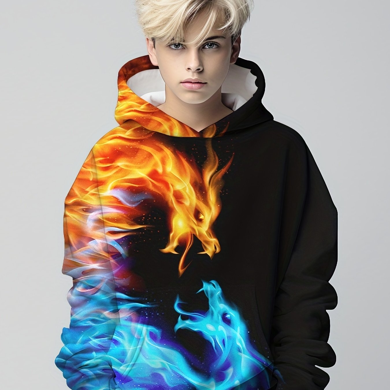 Boy's Fire Dragon Print Hoodie Kid's Hooded Sweatshirt