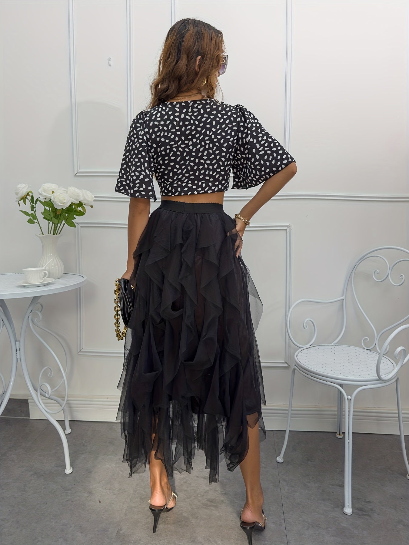 Mesh Ruffle Trim High Waist Skirt for Women