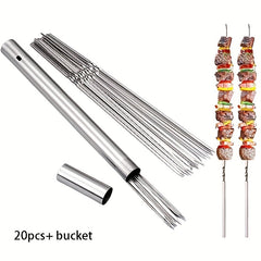 21pcs Stainless Steel BBQ Skewers Set with Storage Bucket