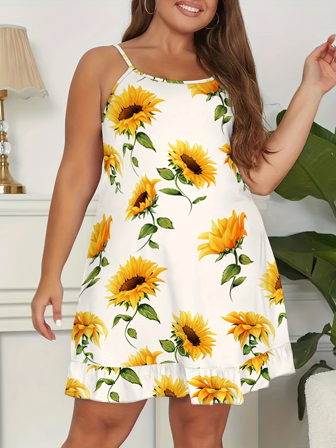 Sunflower Print Ruffle Trim Cami Sleep Dress