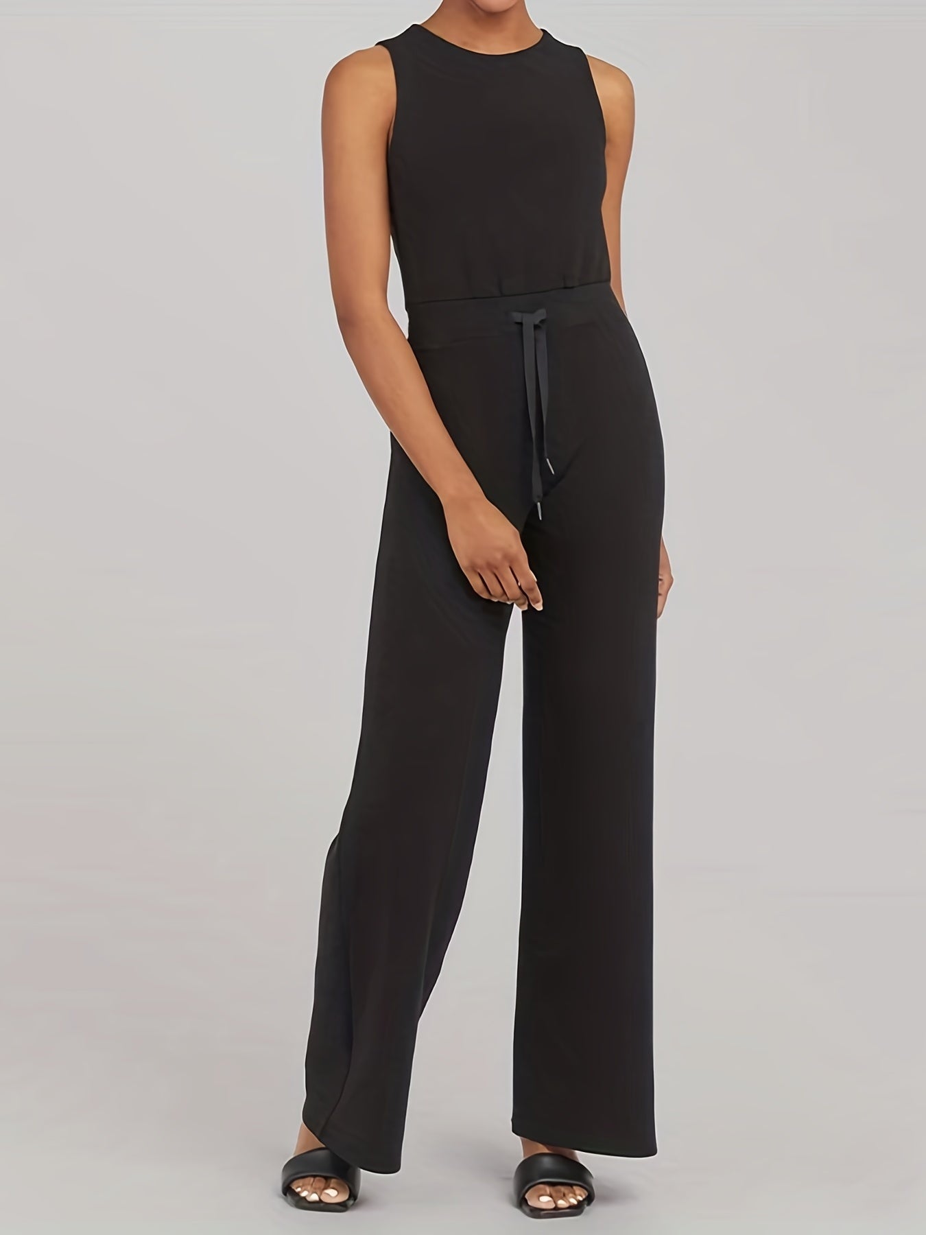 Keyhole Drawstring Jumpsuit Casual Sleeveless Wide Leg Jumpsuit