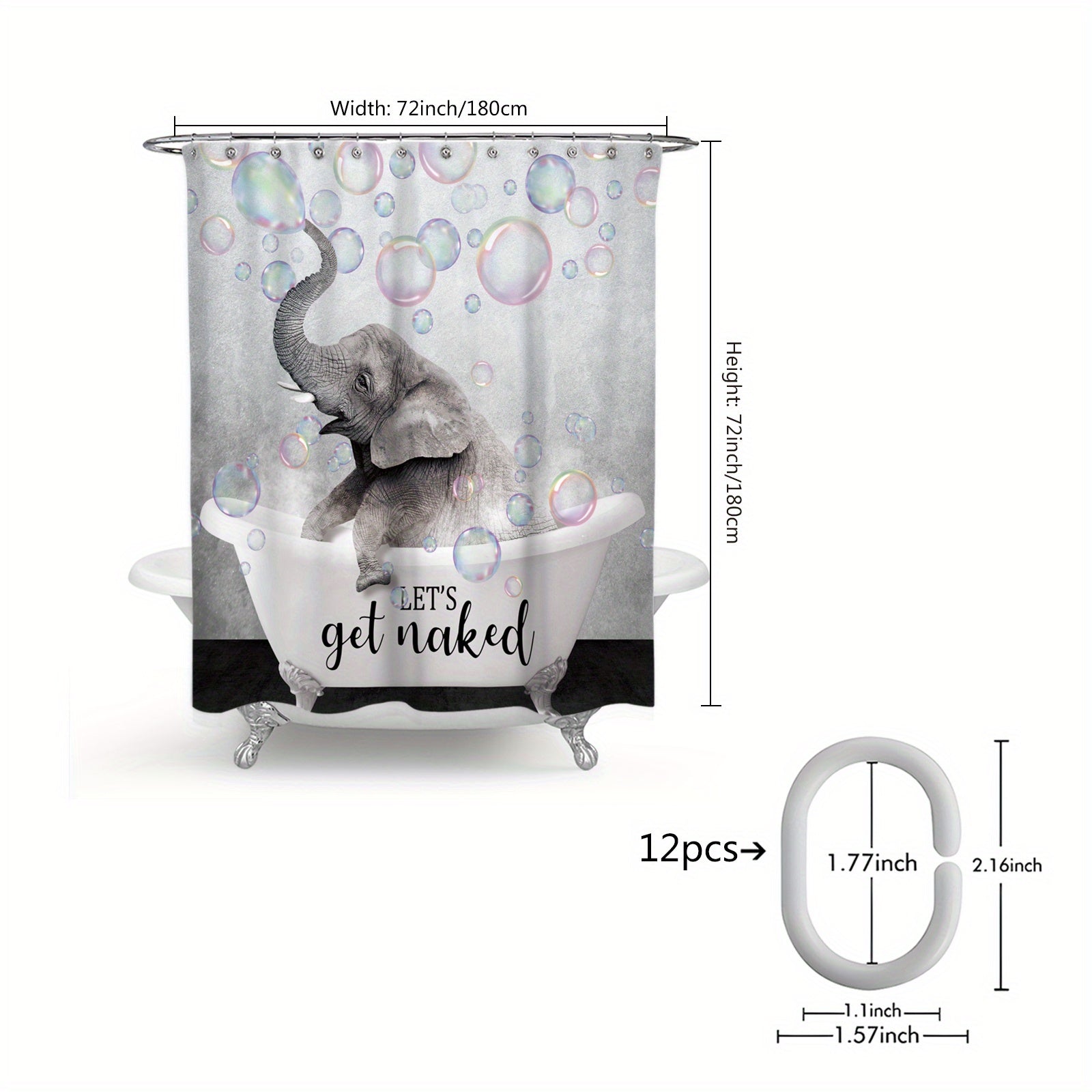 Waterproof Elephant Shower Curtain Set with Memory Foam Mat and Non Slip Rug