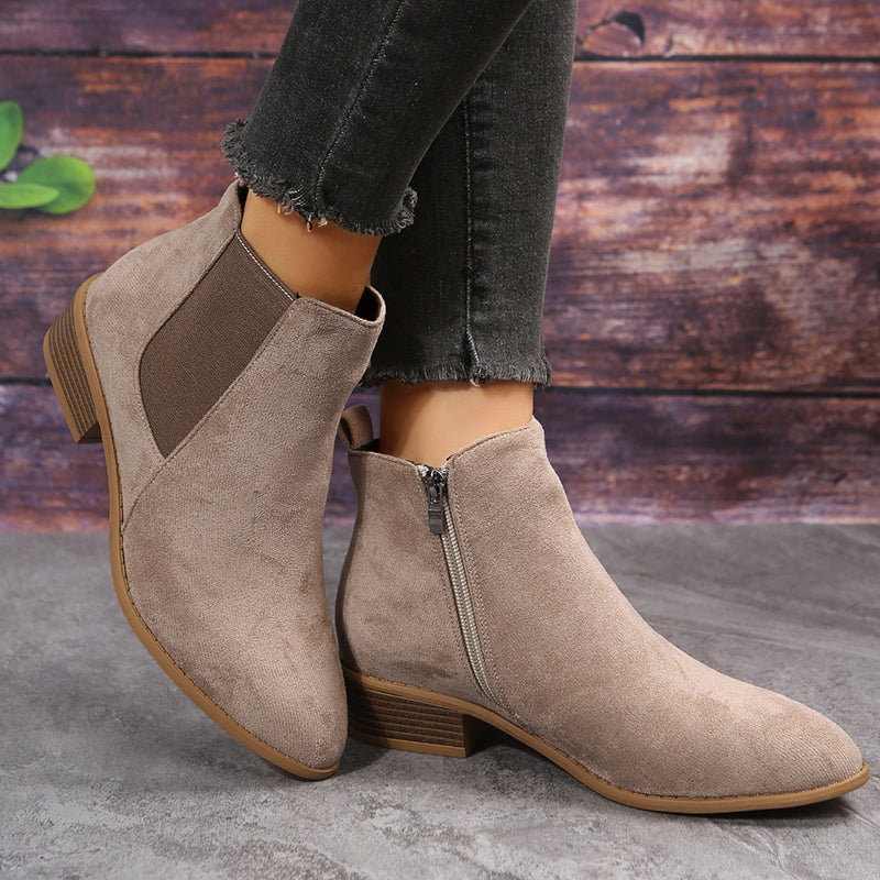 Solid Short Tube Point Toe Faux Leather Zipper Chunky Heel Casual Boots