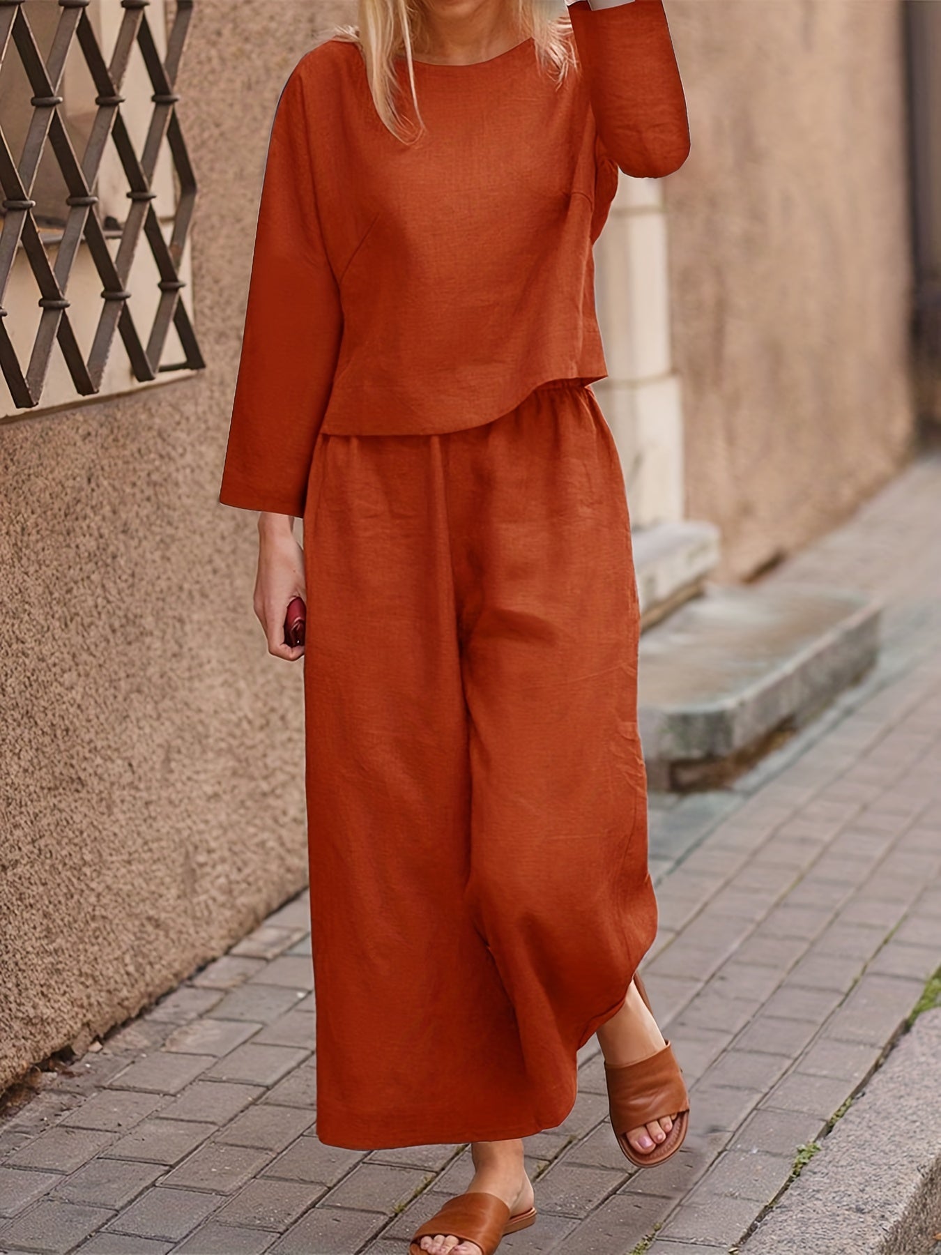 Casual Boat Neck Long Sleeve Tops & Wide Leg Pants Set