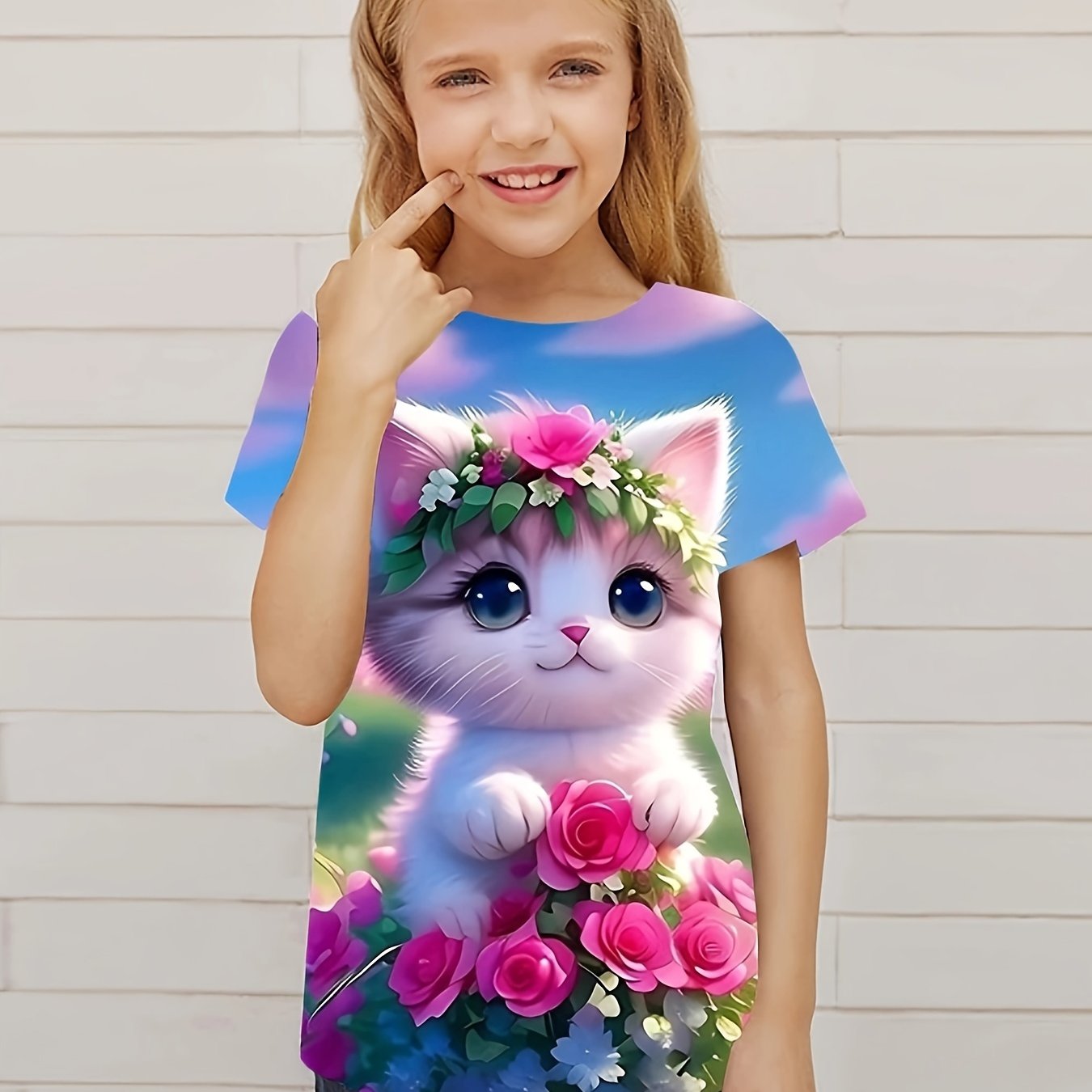 3D Kitten Graphic Short Sleeve T shirt For Girls Summer Sports