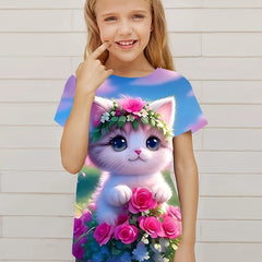 3D Kitten Graphic Short Sleeve T shirt For Girls Summer Sports