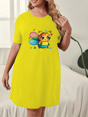 Bee & Heart Print Nightdress Round Neck Short Sleeve Sleep Dress