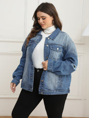 Casual Denim Jacket Women's Plus Washed Ripped Button Up Long Sleeve