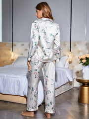Heart & Eyelash Print Pajama Set Long Sleeve Lapel Button Top & Elastic Waist
