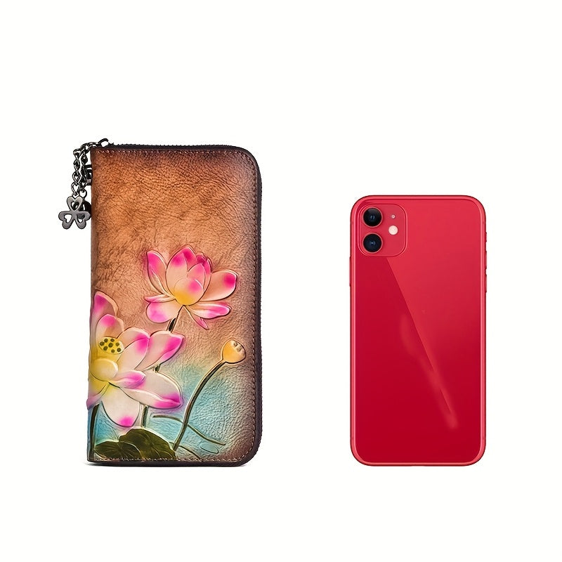 Vintage Floral Leather Wallet for Women, Zipper Closure, Card Slots