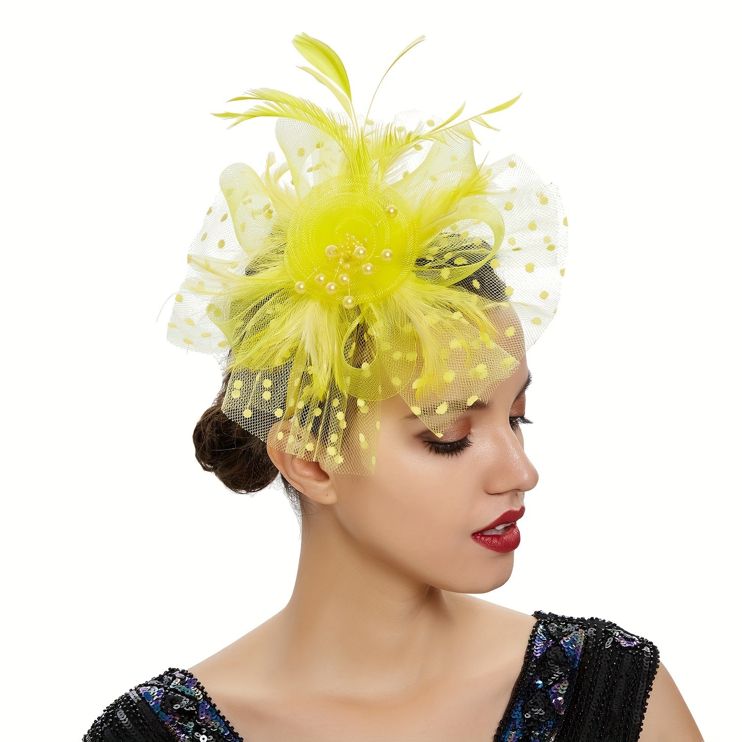 Hat Flower Hair Clip Mesh Ribbons Faux Feathers Headband Char...