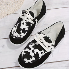 Women's Cow Pattern Patchwork Boat Shoes Lace Up Slip On Canvas Shoes