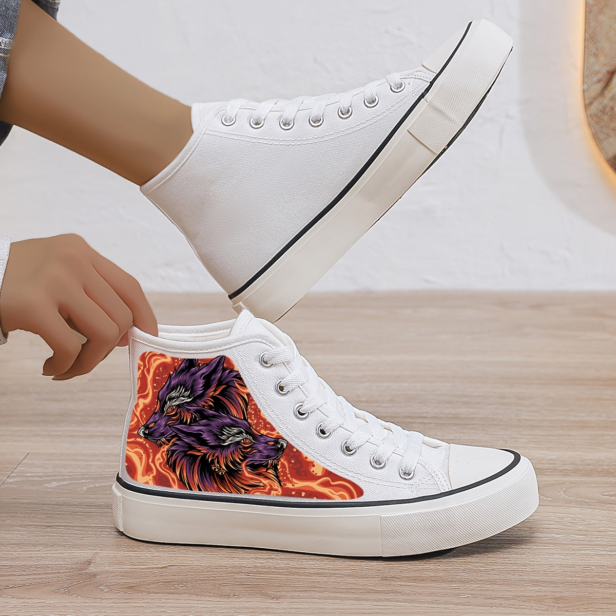 Wolf Print Plush Lined Thermal Chunky Canvas Sneakers