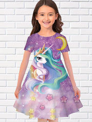 Girls Summer Unicorn Long Dress Short Sleeve Princess Dress