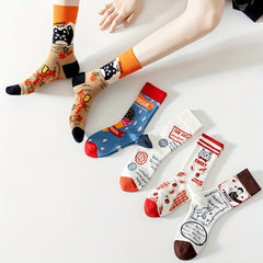 5 Pairs Funny Cartoon Print Crew Socks for Women