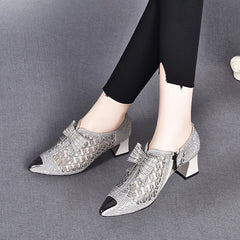 Women's Pointed Toe Low Heel Rhinestone Sandals