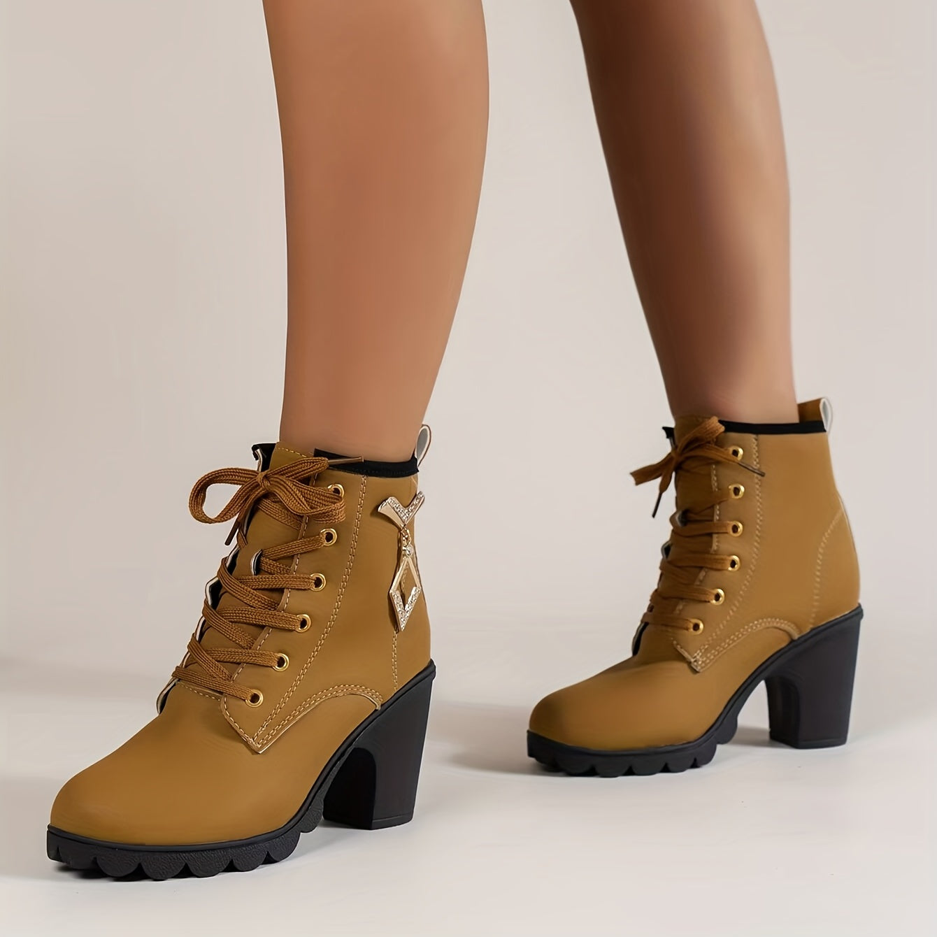 Women's Chunky Heeled Ankle Boots Retro Solid Lace Up High Heels