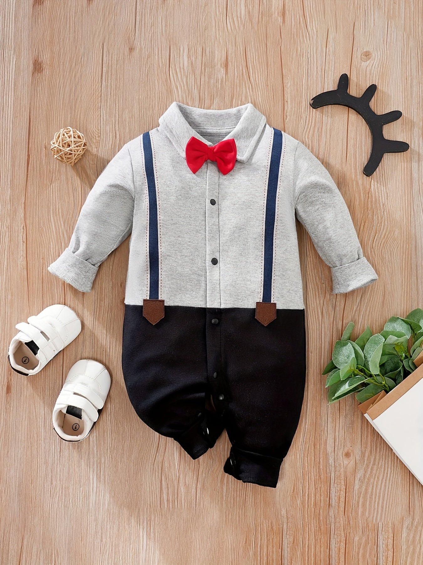 Newborn Infant Cotton Gentleman Romper Long Sleeve Bowtie Jumpsuit