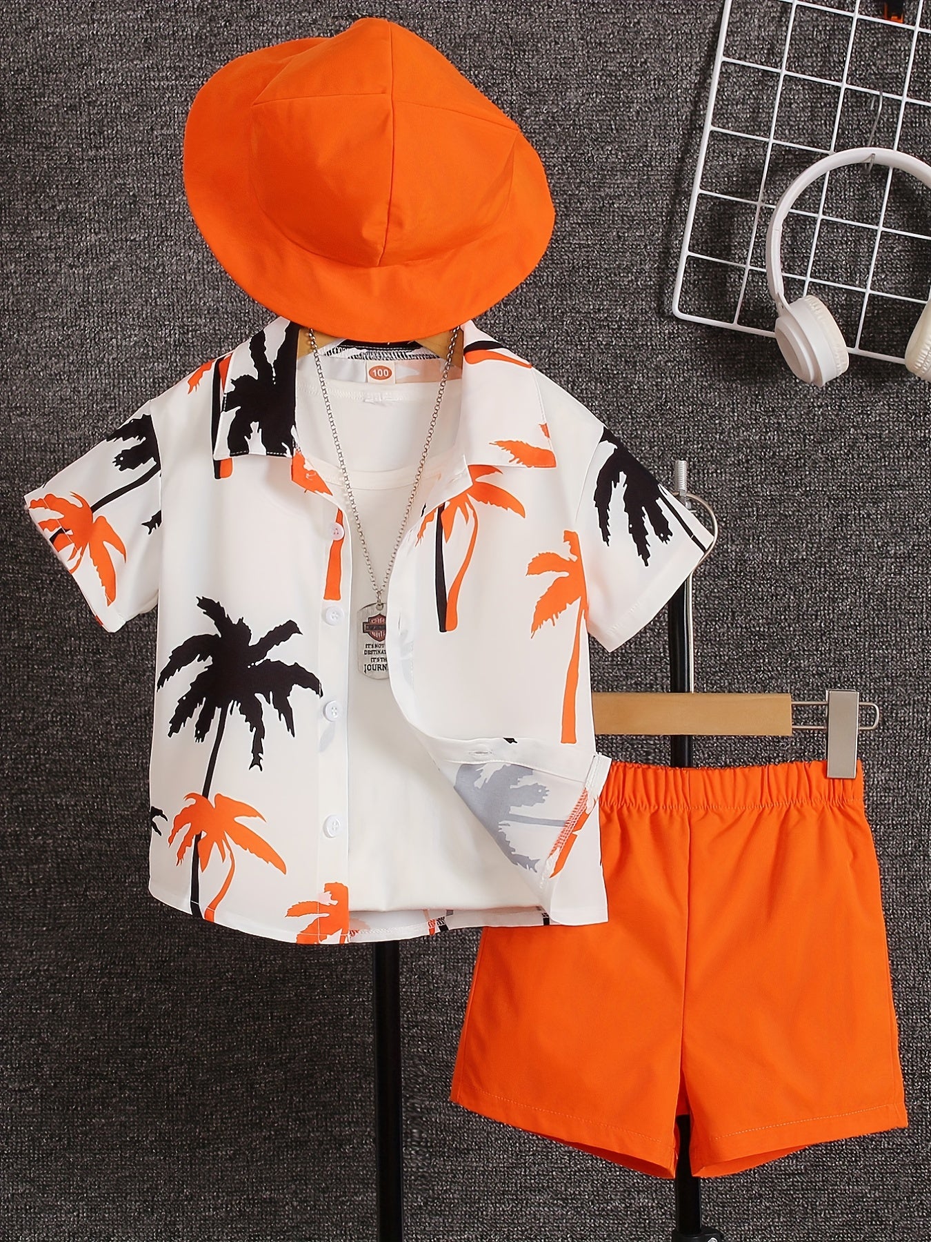 3pcs Boys Casual Coconut Tree Graphic Print Set