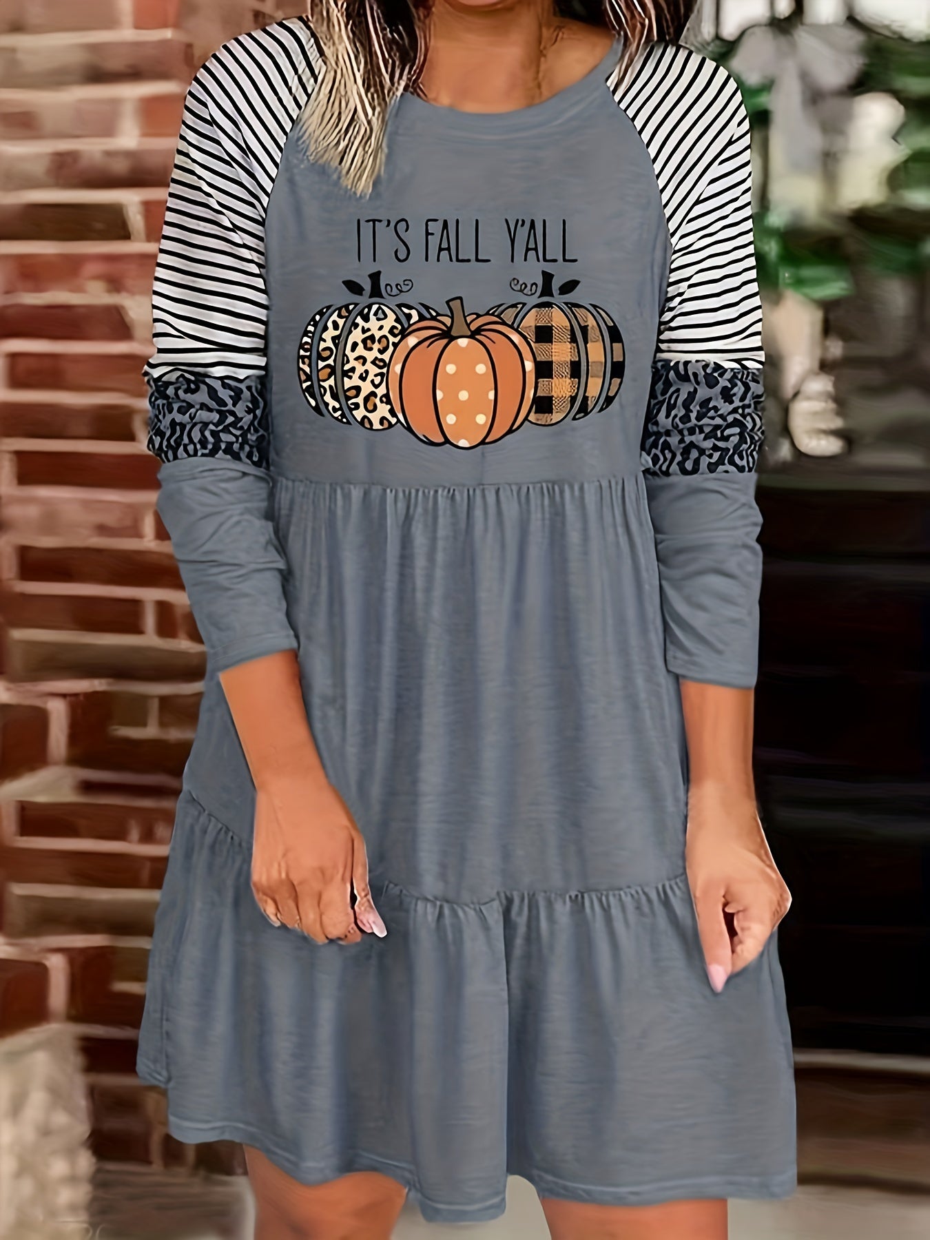 Colorblock Pumpkin Slogan Print Smock Mini Dress