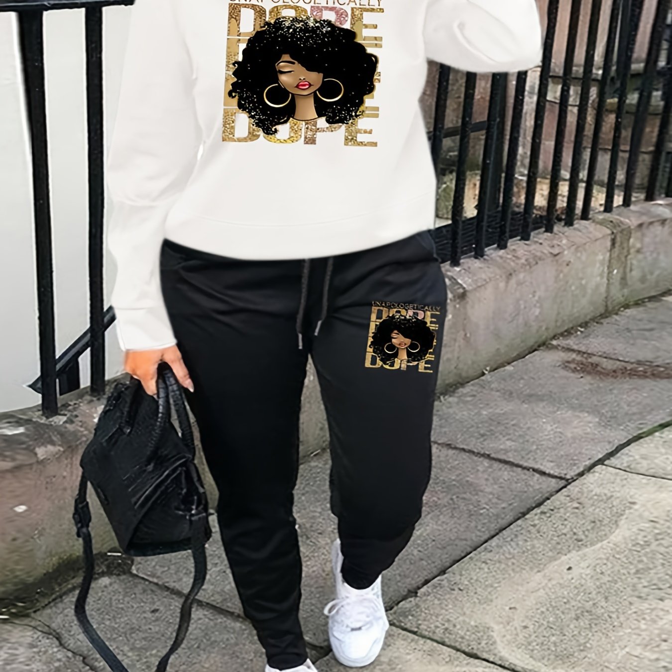 Figure Print Sweatshirt & Drawstring Sweatpants Set Women's Plus