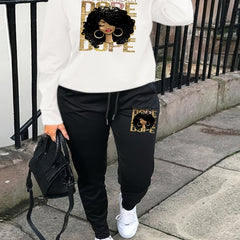 Figure Print Sweatshirt & Drawstring Sweatpants Set Women's Plus