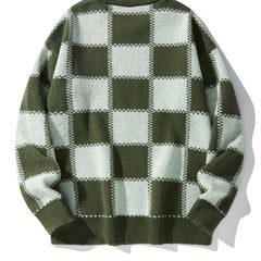 Men's Checkerboard Knitted Sweater for Fall and Winter