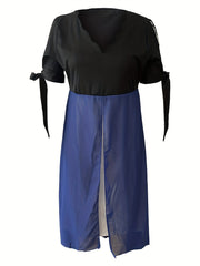 Colorblock Faux Pearl V Neck Maxi Dress