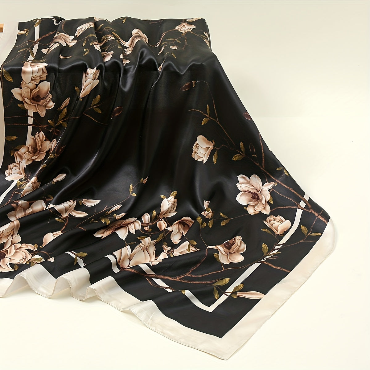 Magnolia Print Square Scarf Vintage Silky Bandana Woman Neckerchief