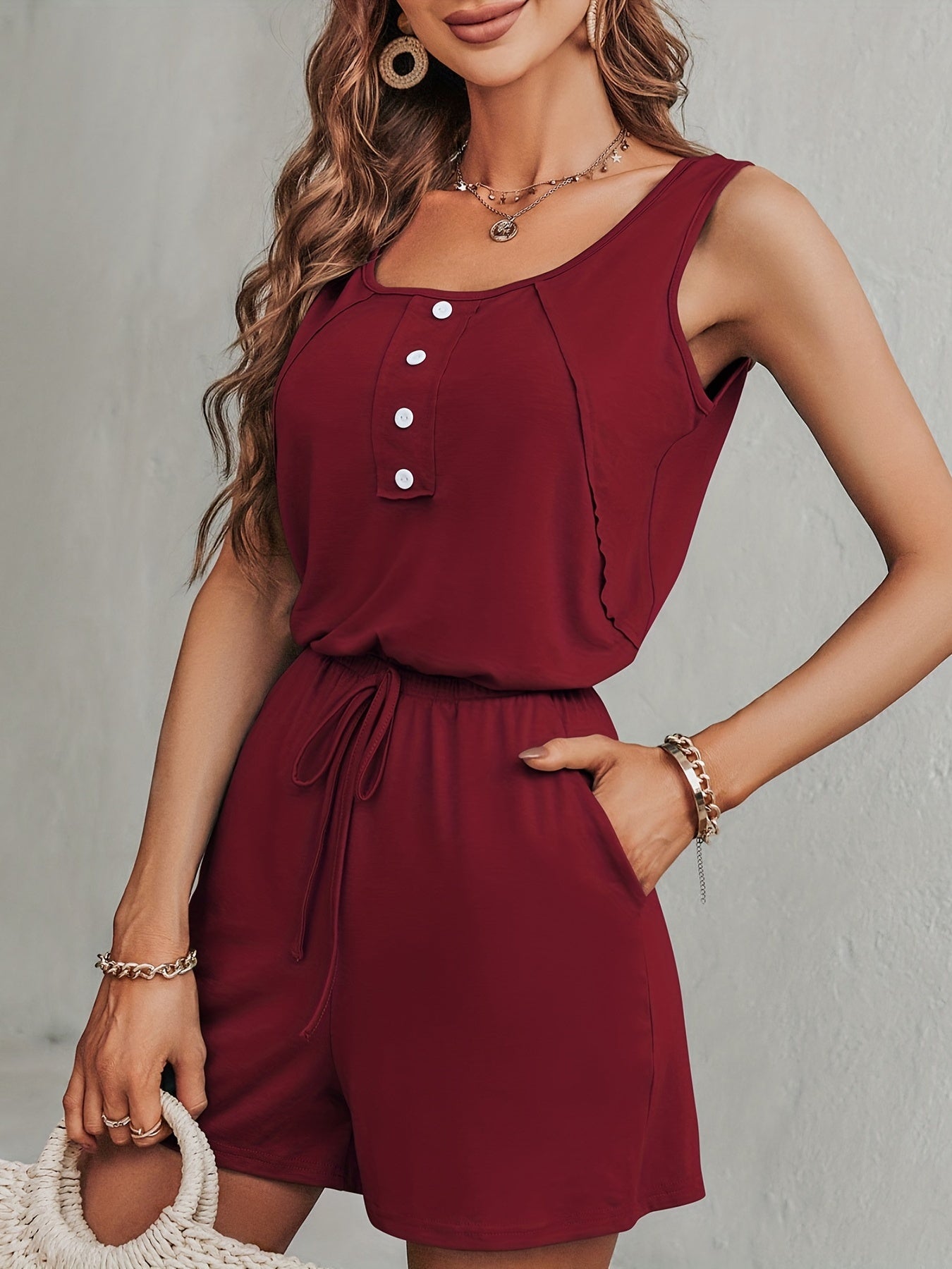 Drawstring Waist Button Front Romper Casual Sleeveless Romper Jumpsuit