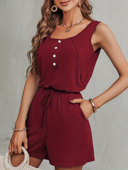 Drawstring Waist Button Front Romper Casual Sleeveless Romper Jumpsuit