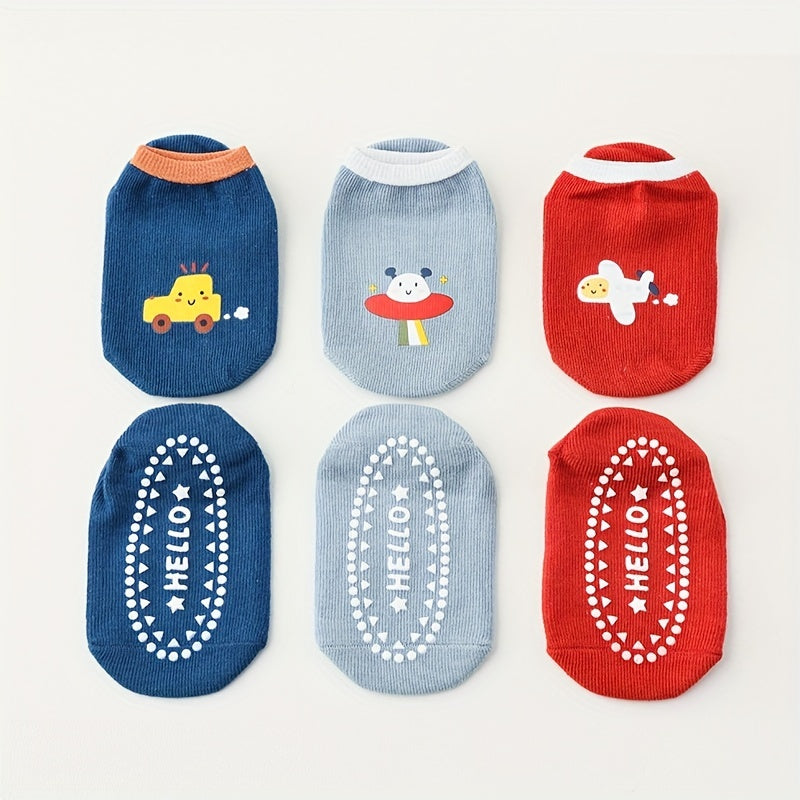 3 Pairs Colorful Cartoon Anti-Slip Socks for Boys 0-3 Years