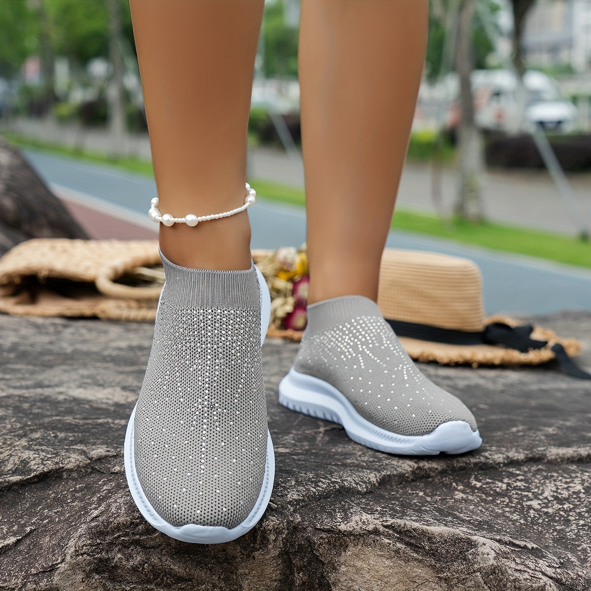 Women's Rhinestone Decor Sneakers Breathable Casual Flying Woven Shoes