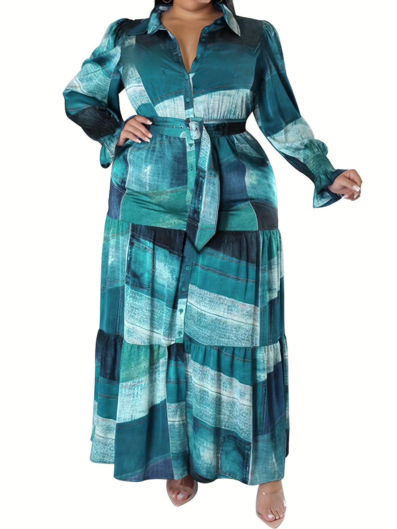 Patchwork Print Button Up Puff Sleeve Maxi Smock Dress