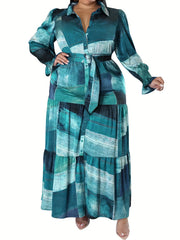 Patchwork Print Button Up Puff Sleeve Maxi Smock Dress