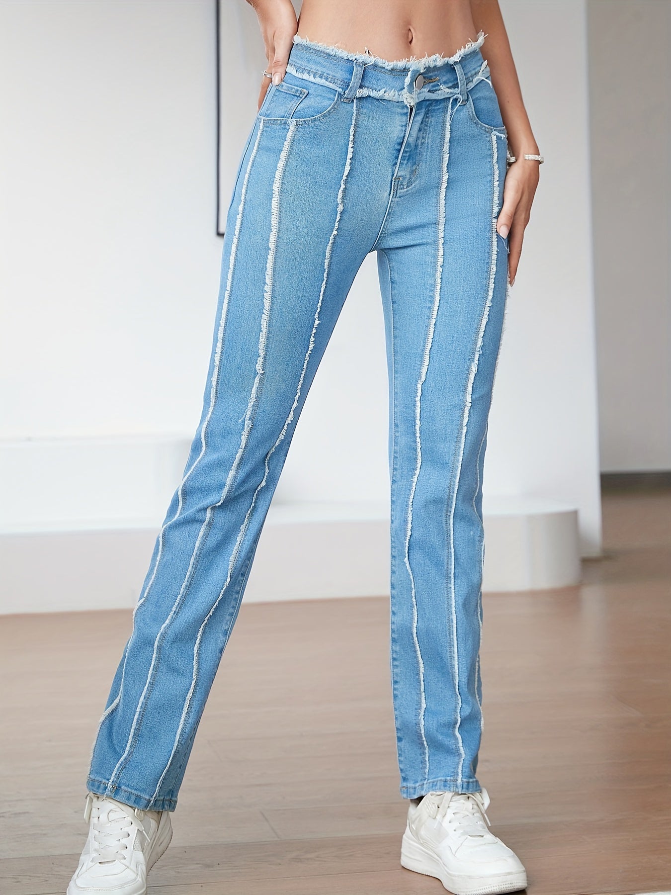 Stripes Pleat Bootcut Jeans High Rise Stretchy Bell Bottoms
