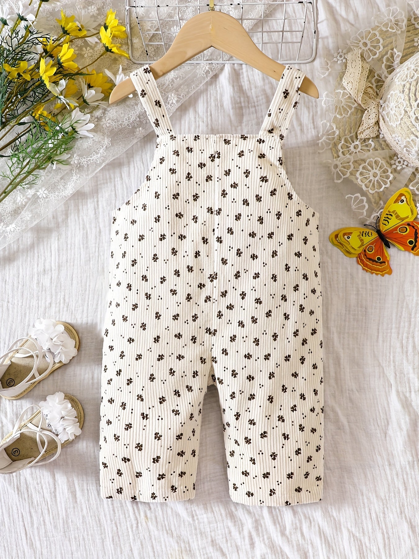 Floral Print Denim Suspenders Baby Casual Sports Bib Pants