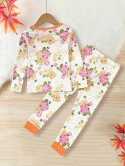 Floral Pattern Kid's Pajamas 2pcs Set Long Sleeve Top & Pants