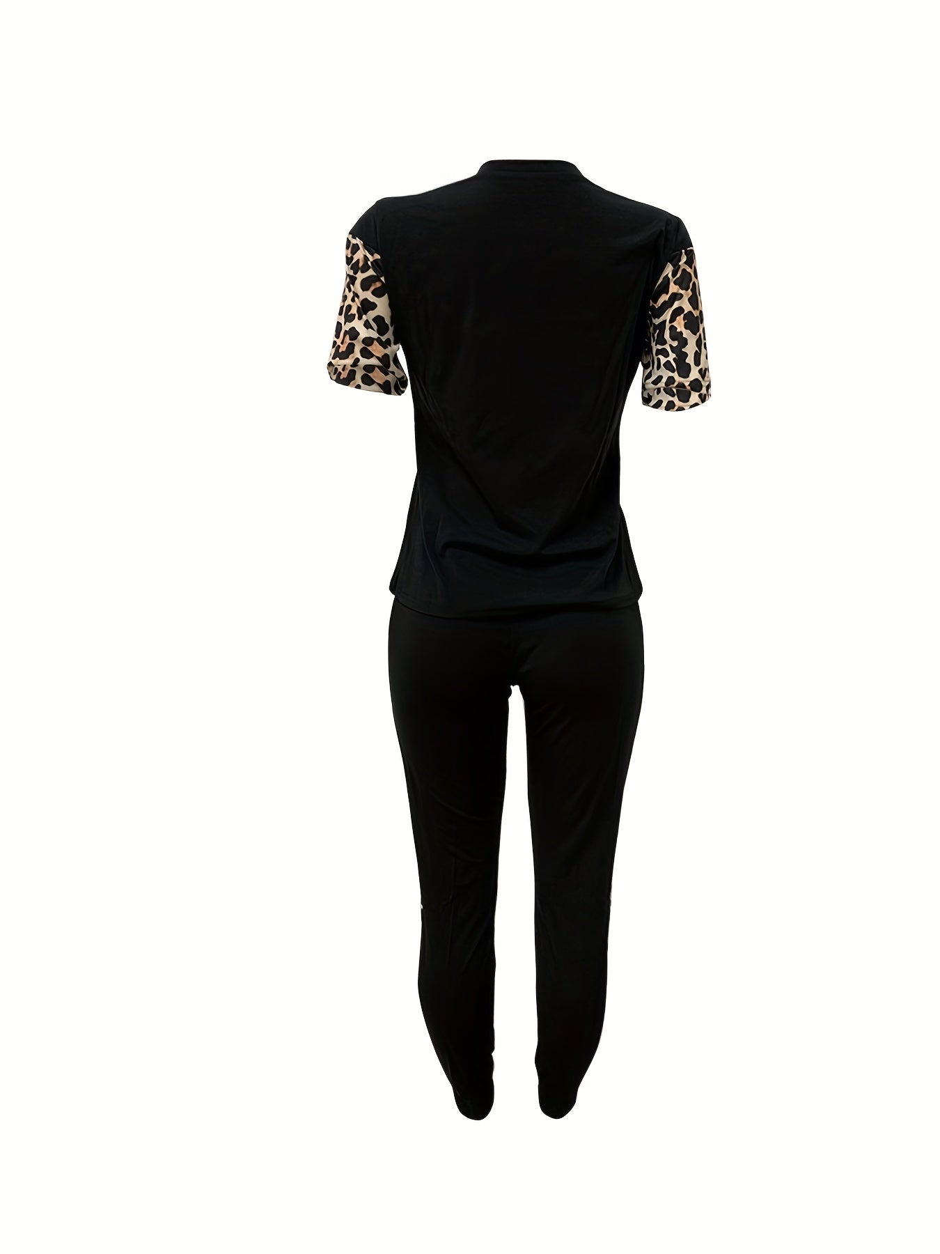 Leopard Print 2pc Set Crew Neck Tee & High Waist Pants