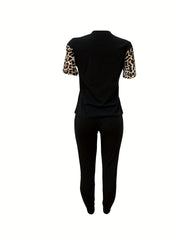 Leopard Print 2pc Set Crew Neck Tee & High Waist Pants