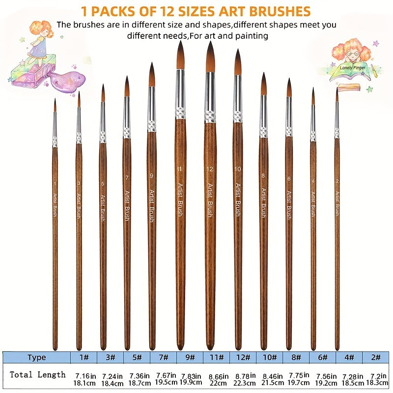 12 Paint Brushes Set Professional Round Pointed Tip Nylon Hair Acrylic Brush