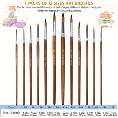12 Paint Brushes Set Professional Round Pointed Tip Nylon Hair Acrylic Brush