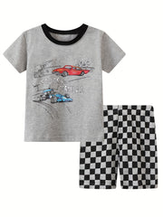 Boys Racing Cars Pajamas Set Short Sleeves Crew Neck Casual Homewear