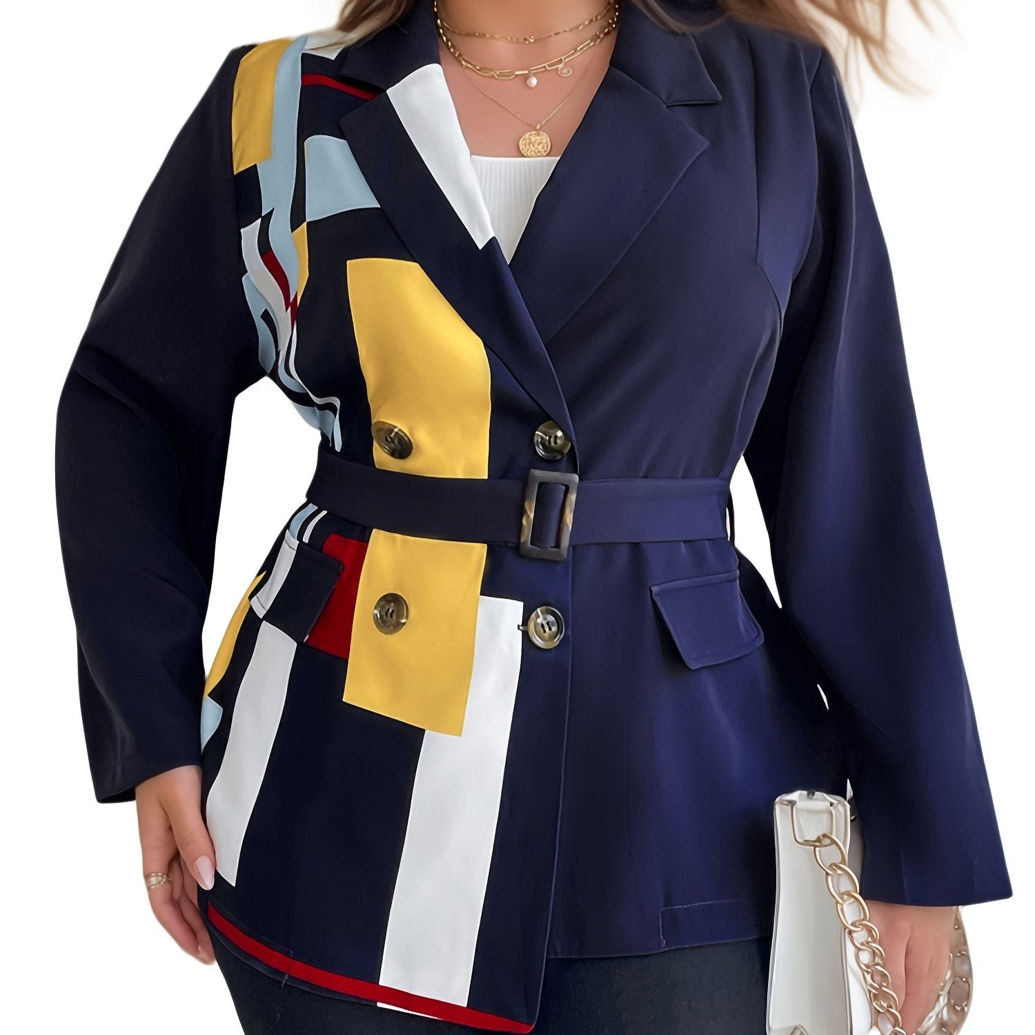 Colorblock Geometric Print Blazer With Belt